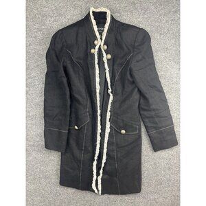 Insight New York Coat Womens 12 Black Linen Ruffle Trim Button Overcoat